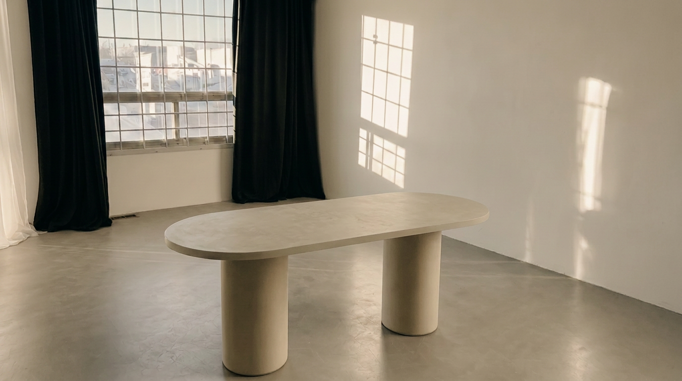 Oval hand-trowelled microcement dining table in a light-filled studio