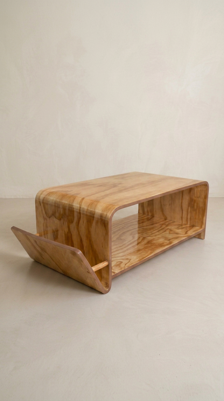 Three-quarter view of the curved plywood coffee table