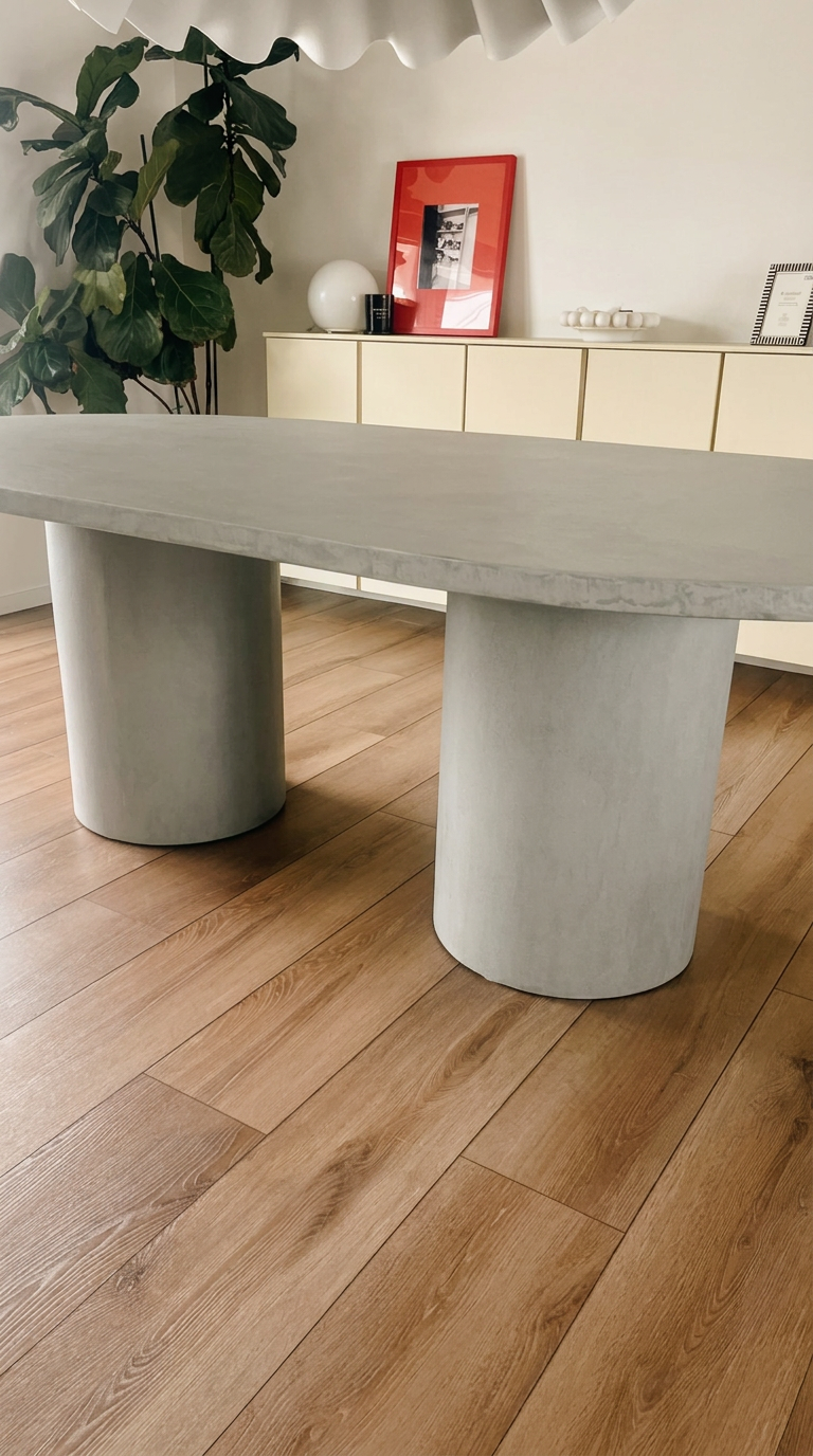 Cylindrical microcement bases beneath a custom dining table