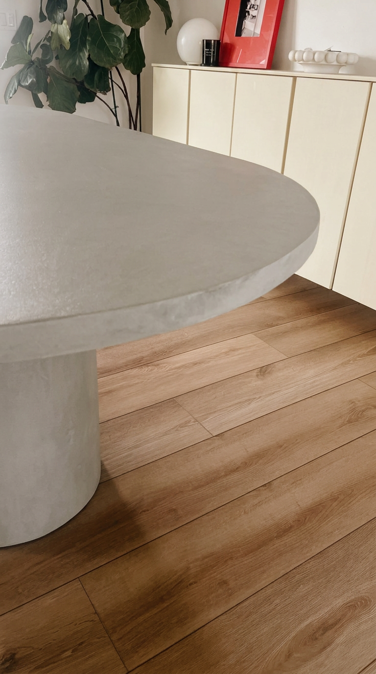 Close view of a hand-trowelled microcement edge applied over an existing table top