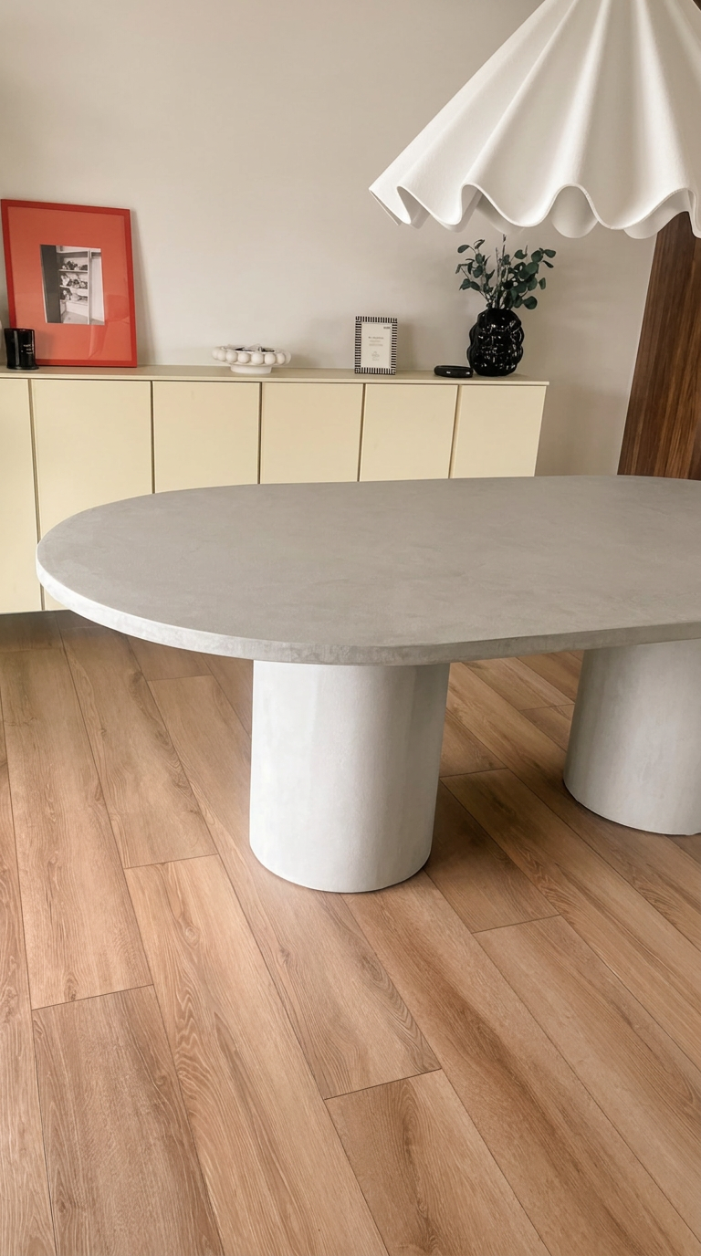 Angled view of the grey oval microcement dining table