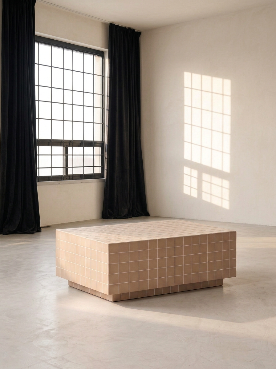 Beige tiled coffee table on a recessed plinth in a plaster-walled studio