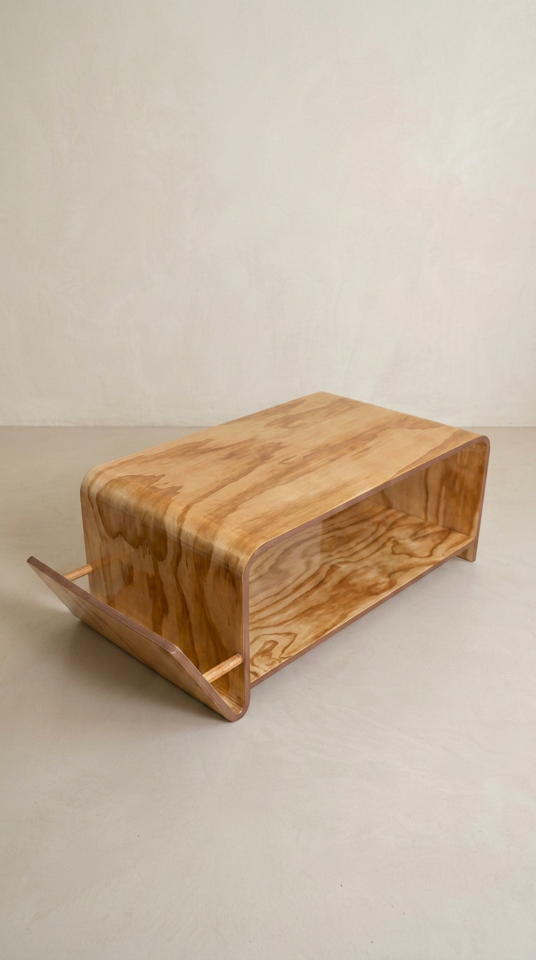 Curved plywood coffee table with an open shelf and angled magazine slot