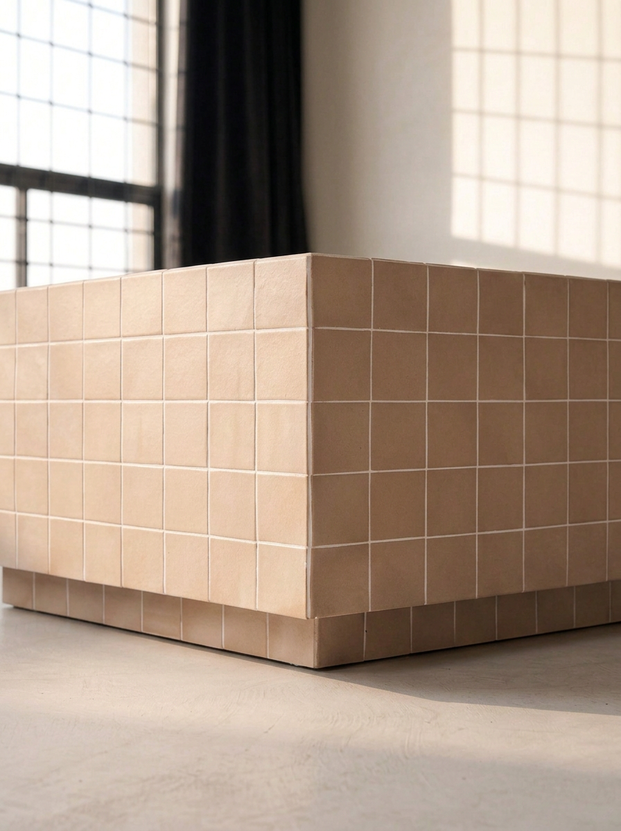 Corner detail of a tiled coffee table showing the tile grid and white grout
