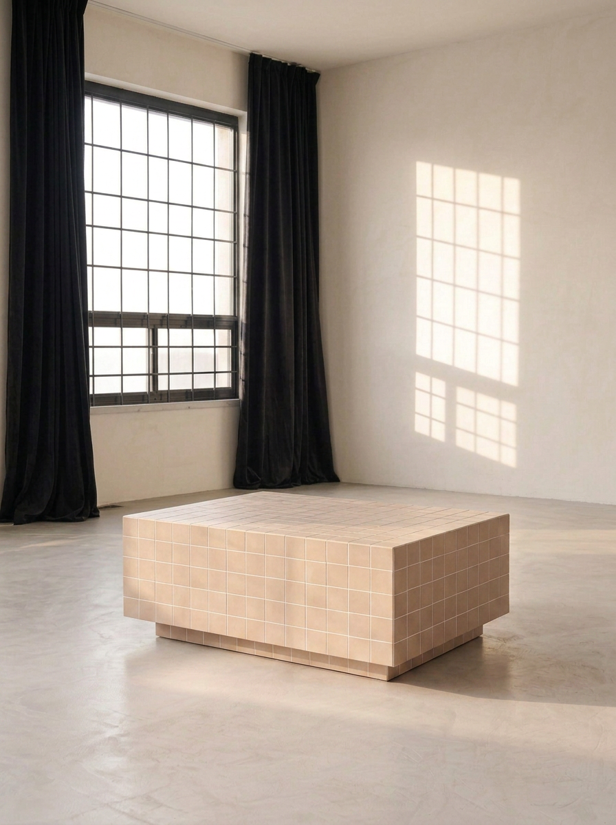 Angled view of a beige tiled coffee table showing its plinth