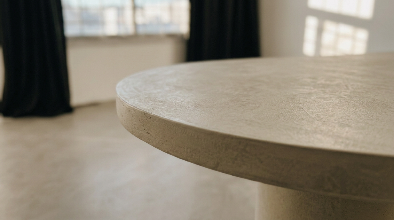 Close detail of the hand-trowelled microcement edge on a VORM table