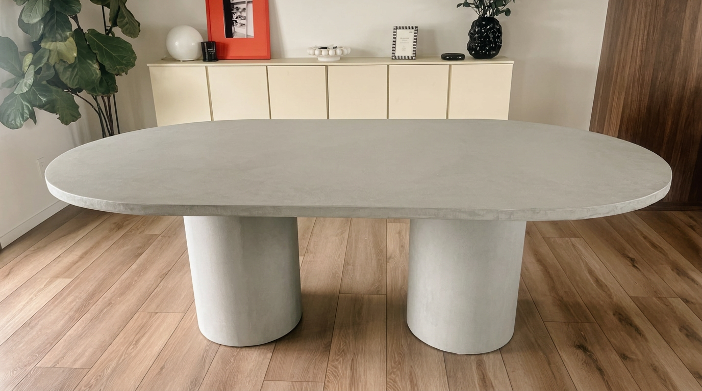 Grey oval microcement dining table on two cylindrical bases