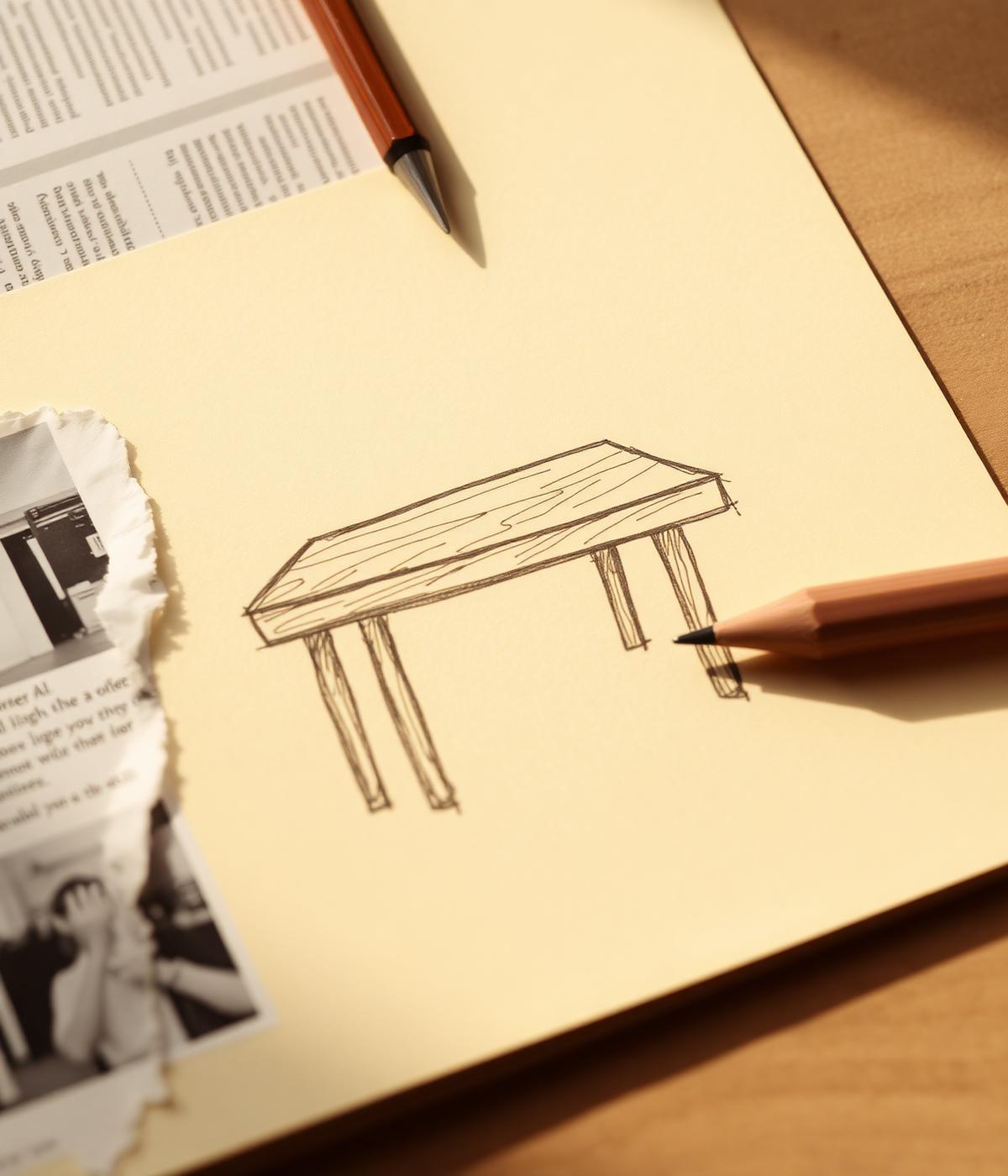 Pencil sketch of a table beside a torn reference clipping